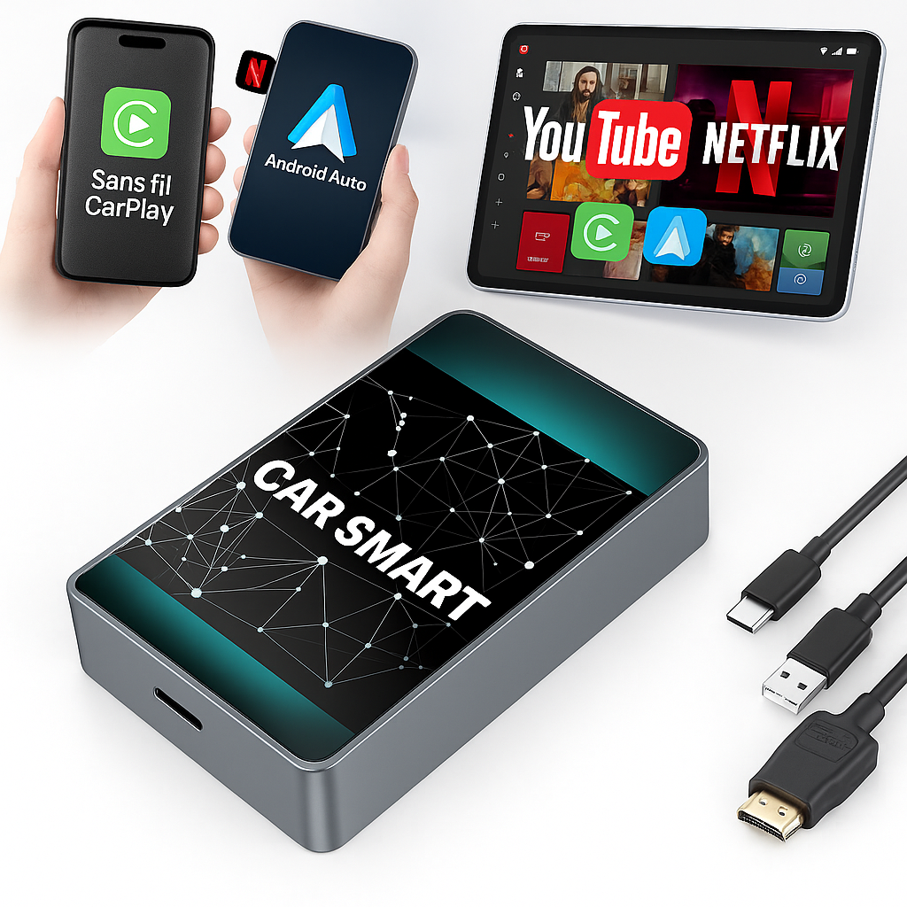 Boîtier CarPlay & Android Auto Sans Fil – Lecteur Multimédia Universel pour Voiture